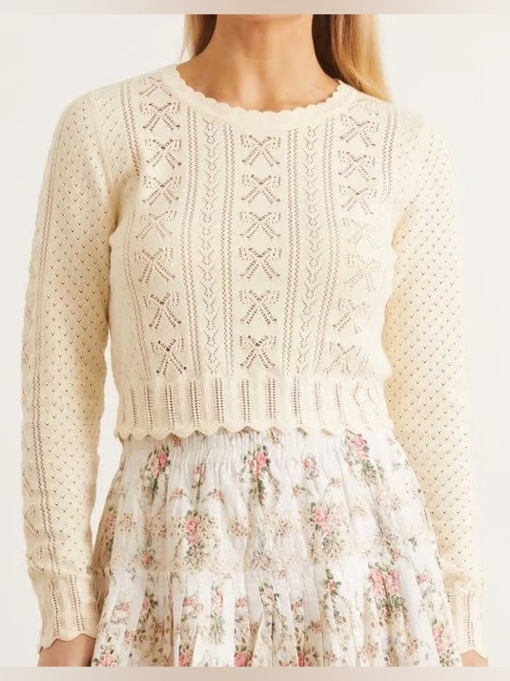 LoveShackFancy Sinfonia Cropped Pullover Cream Pointelle Bow Knit Sweater Small